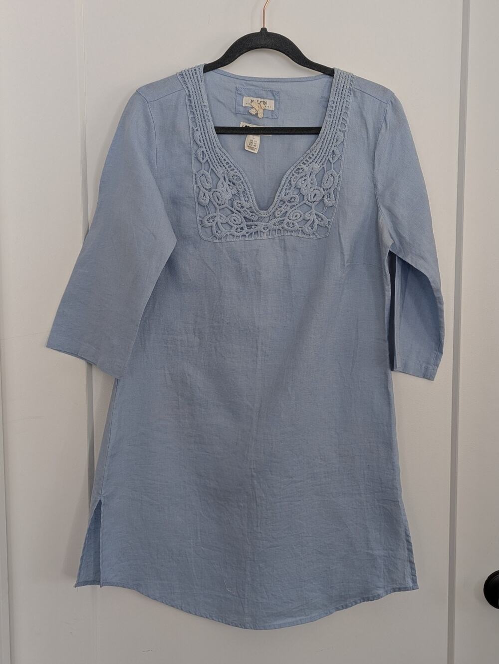 Malvin 100% linen mini tunic dress Sz L baby blue Beachy Nautical Lightweight